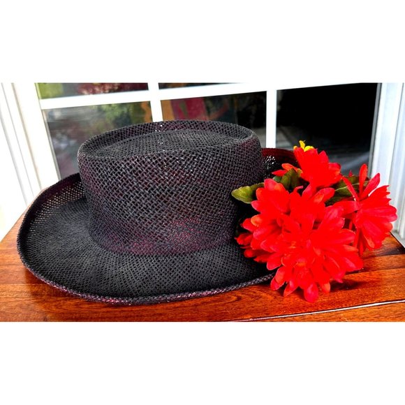 VTG The Scala Collection Black Straw Weave Hat Flower Embellishments Cru… - Picture 7 of 12